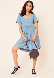 Button Through Denim Look Smock Dress