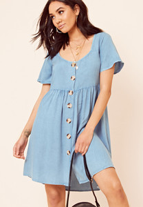 Button Through Denim Look Smock Dress