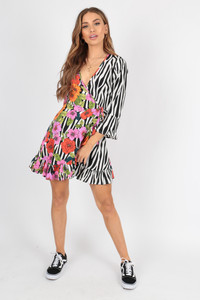 Multi Mix And Match Zebra Animal Floral Wrap Dress With Frill And Fluted Sleeve