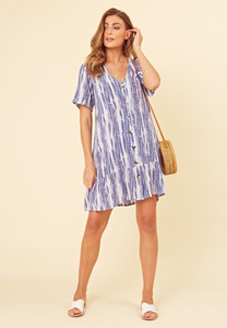 Blue Tie Dye Button Down Frill Hem Smock Dress