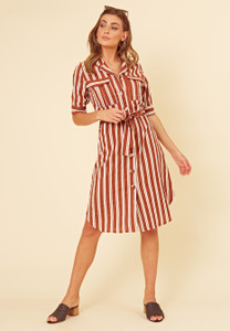 Brown Stripe Cotton Linen Look Utility Midi Dress