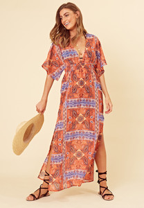 Paisley Scarf Print Plunge Front Shirred Waist Beach Maxi Dress