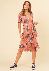 Coral Tropical Print Wrap Frill Hem Midi Dress