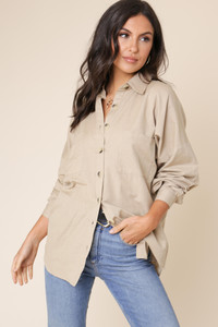 Stone Cotton Linen Look Button Down Oversized Shirt