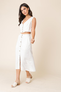 Stone Cotton Linen Button Down Midi Skirt with Pockets
