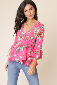 Pink Floral Print Flute Sleeve Wrap Blouse