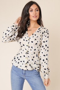 Stone Abstract Animal Print Button Front Tea Blouse