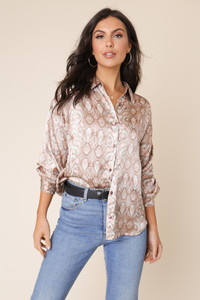 Snake Print Satin Long Sleeve Oversized Shirt