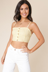 Yellow and White Gingham Strappy Button Down Crop Top