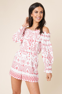 White and Red Paisley Cotton Bardot Playsuit