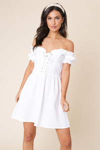 White Off the Shoulder Lace Up Detail Skater Dress