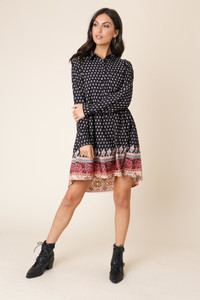 Black Paisley Floral Border Print Dipped Hem Shirt Dress