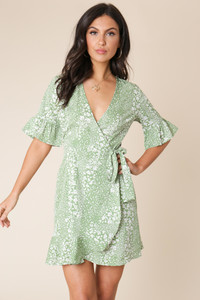 Green Floral Print Wrap Frill Hem Mini Dress