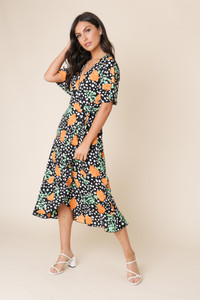 Black Floral and Abstract Spot Wrap Frill Hem Midi Dress