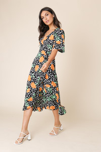 Black Floral and Abstract Spot Wrap Frill Hem Midi Dress