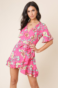 Pink Floral Print Wrap Frill Skirt Mini Dress