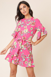 Pink Floral Ruffle Hem Waist Belted Mini Dress