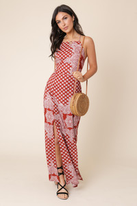 Multi Scarf Paisley Print Cami Slip Maxi Dress with Split