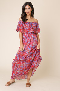 Multi Paisley Boho Print Bardot Maxi Dress
