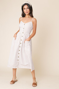 Cotton Stripe Button Down Midi Dress with Slim Straps