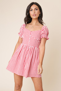 Red and White Gingham Puff Sleeve Milkmaid Mini Dress