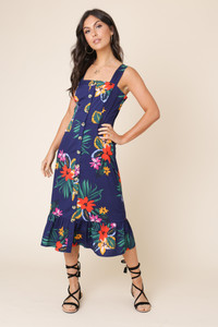 Navy Tropical Print Button Down Ruffle Hem Midi Dress