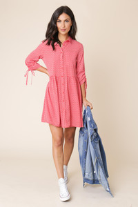 Red Heart Print Button Down Smock Shirt Dress