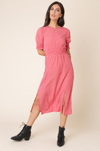 Red Heart Print Shirred Elastic Midi Dress with Splits
