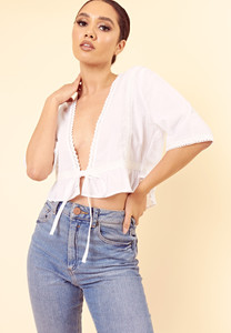 White Cotton Peplum and Crochet Lace Detail Tie Front Top