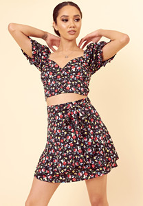 Black Ditsy Floral Puff Sleeve Crop Top