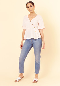 Pink Spot Wrap Top with Peplum Hem and Buttons