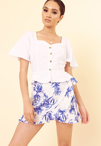 White Blue Floral Print Wrap Mini Skirt with Tie