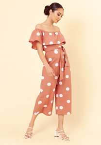 Brown Polka Dot Tie Front Bardot Culotte Jumpsuit