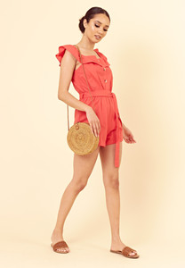 Red Cotton Tie Front Frilled Neckline Button Detail Playsuit