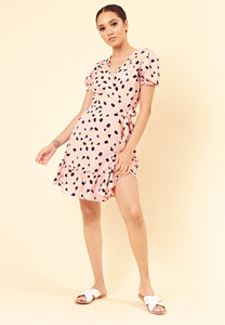 Pink Abstract Animal Print Puff Sleeve Wrap Dress with Ruffle Hem