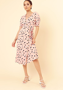 Pink Abstract Animal Print Side Tie Button Down Wrap Midi Dress