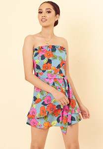 Blue Floral Tie Front Bandeau Mini Dress with Ruffle Edge
