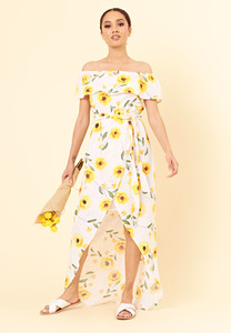 White Yellow Summer Floral Bardot Maxi Dress