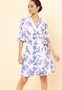 White Blue Floral Frill Sleeve Wrap Dress