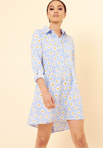 Blue Daisy Floral Dipped Hem Shirt Dress