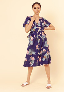 Navy Floral Button Through Midi Dress with Tie Belt