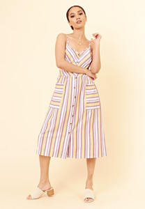 Multi Stripe Cotton Button Down Strappy Summer Dress