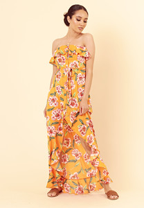 Orange Floral Bardot Bandeau Button Down Maxi Dress with Frill