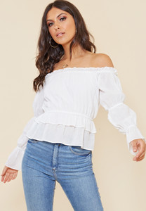 White Cotton Bardot Top with Shirred Puff Sleeve