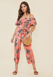 Coral Tropical Print Bardot Frill Culotte Jumpsuit