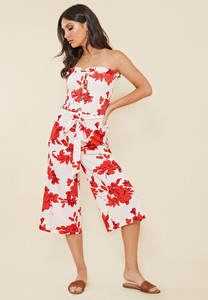 Red Floral Print Shirred Bandeau Culotte Jumpsuit
