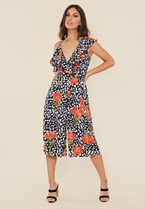 Black Floral Splodge Print Asymmetric Strap Culotte Jumpsuit