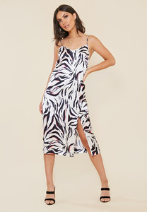 Satin Zebra Print Midi Slip Dress with Front Splits
