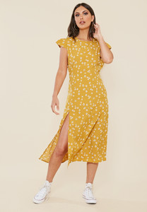 Mustard Ditsy Floral Print Split Front Midi Dress with Back Detail