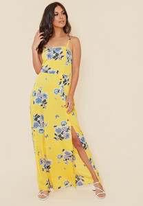 Yellow Floral Mock Horn Button Detail Strappy Cami Maxi Dress
